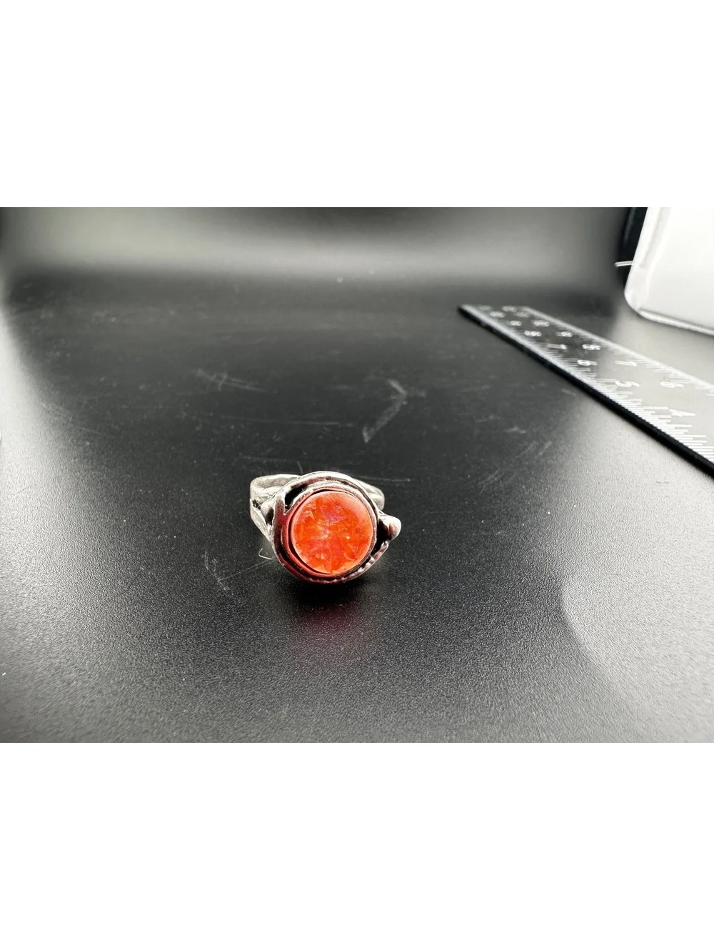 Adjustable Silver Tone Ring with Orange Marbled Stone